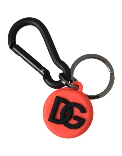 Dolce & Gabbana Red Orange Rubber Dg Logo Round Metal Keyring Keychain In Orange