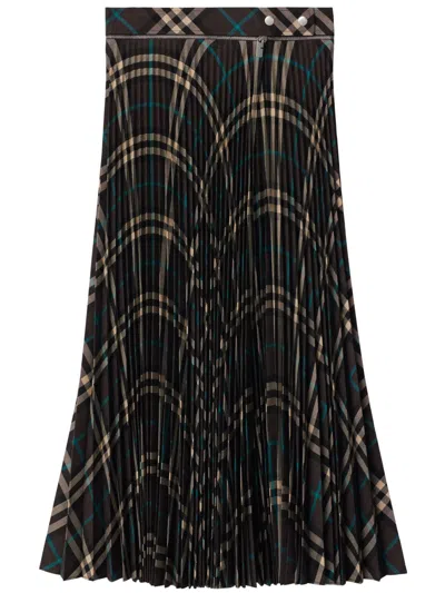 Burberry Long Multicolor Pleated Skirt With Check Motif In Wool Blend Woman