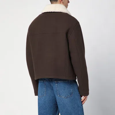 Shop Ami Alexandre Mattiussi Ami Paris Dark Coffe Wool Bomber Jacket With Shearling Collar In Brown