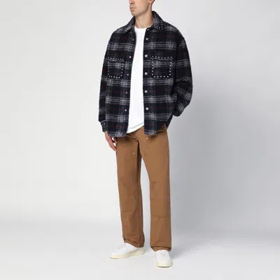 Palm Angels Plaid Check Studded Wool Overshirt In Blue