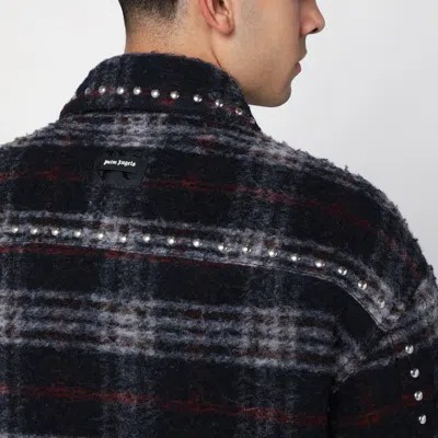 Palm Angels Plaid Check Studded Wool Overshirt In Blue