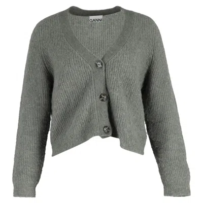Ganni V-neck Buttoned Cardigan In Olive Green Wool In Green