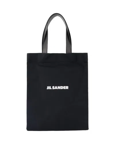 Jil Sander Logo Print Cotton-linen Blend Tote Bag In Black