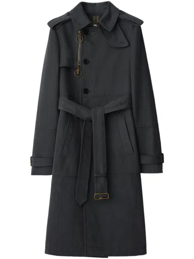 Burberry Long Trench Coat In Cotton And Nylon In Blue