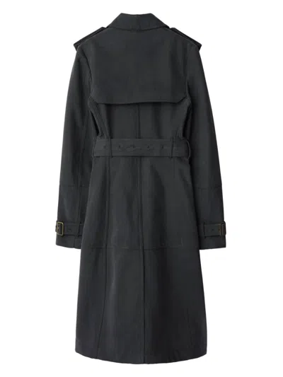 Burberry Long Trench Coat In Cotton And Nylon In Blue