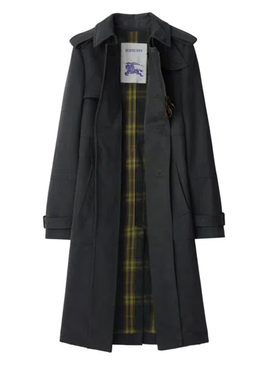 Burberry Long Trench Coat In Cotton And Nylon In Blue
