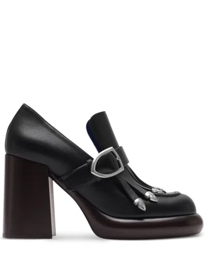 Burberry 95mm Leather Wedge Fringe Heeled Loafers In Black