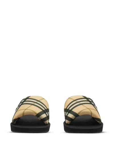 Shop Burberry Checkered Trek Slides In Neutrals