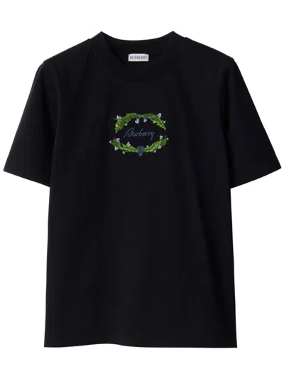 Burberry Logo-embroidered Cotton T-shirt In Black