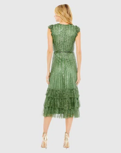 Mac Duggal Sequined Wrap Over Cap Sleeve Ruffle Hem Dress In Sage