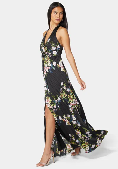 Bebe Estelle Pleated Satin Maxi In Black,multi