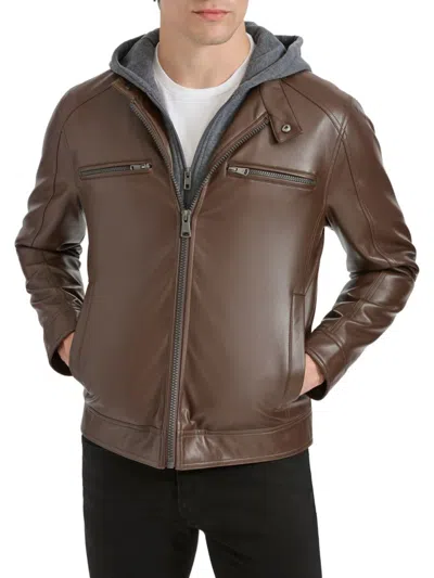 Kenneth Cole Men's Faux Leather Hooded Moto Jacket In Brown