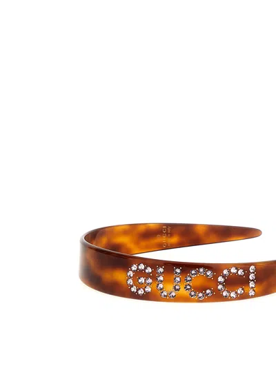 Shop Gucci Rhinestone Logo Headband In Brown