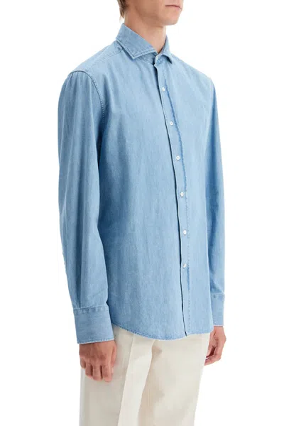 Shop Brunello Cucinelli Lightweight Slim Fit Denim Shirt In Denim Chiarissimo (blue)