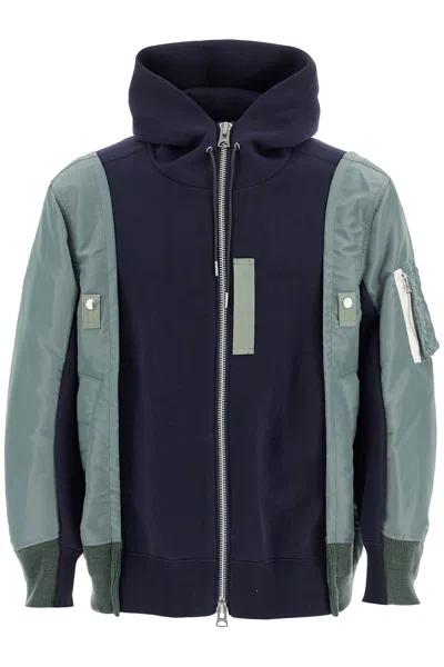 Shop Sacai Hybrid Sweatshirt With Zip And Hood In Navy×b/khaki (blue)