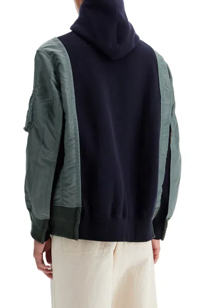 Shop Sacai Hybrid Sweatshirt With Zip And Hood In Navy×b/khaki (blue)