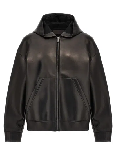 Shop Valentino Leather Hooded Jacket In Black