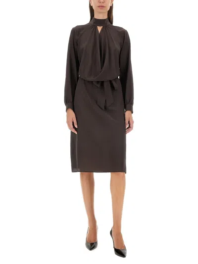 Kiton Silk Dress With Buttoned Cuffs And Waist Tie In Dark Brown