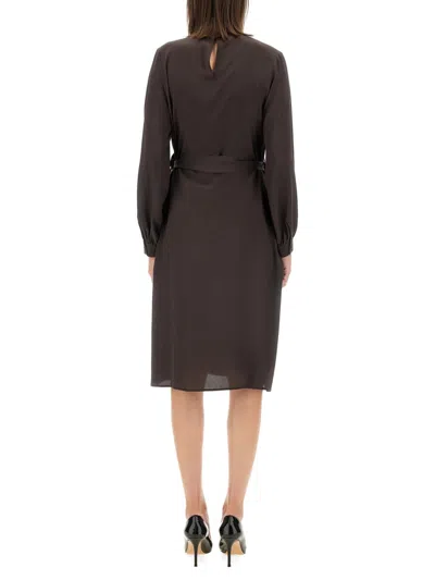 Kiton Silk Dress With Buttoned Cuffs And Waist Tie In Dark Brown