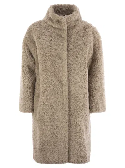 Shop Herno Sheepskin Effect Coat In Beige