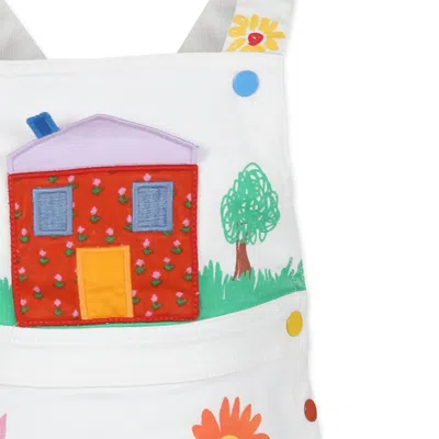 Stella Mccartney White Dungarees For Girls With Flowers And Houses In Ivory