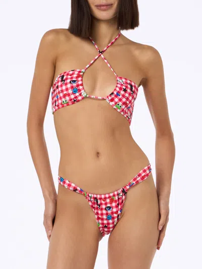 Mc2 Saint Barth Women Bandeau Bikini Dahelle With Gingham And Fancy Print Beepy Bella Special Edition In Red