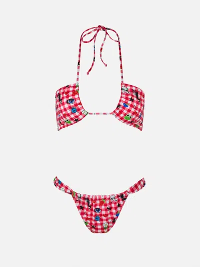 Mc2 Saint Barth Women Bandeau Bikini Dahelle With Gingham And Fancy Print Beepy Bella Special Edition In Red