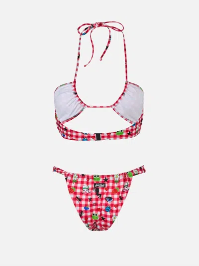 Mc2 Saint Barth Women Bandeau Bikini Dahelle With Gingham And Fancy Print Beepy Bella Special Edition In Red