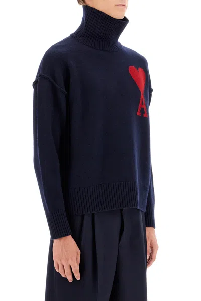 Shop Ami Alexandre Mattiussi Ami De Coeur Wool Turtleneck Sweater In Marine/rouge (blue)