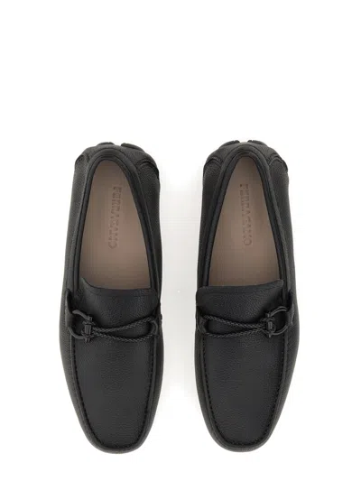 Ferragamo Black Leather Front Loafers In Black