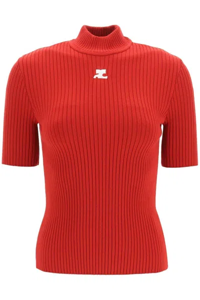 Courrèges Mock-neck Short-sleeve Rib Pullover In Brown