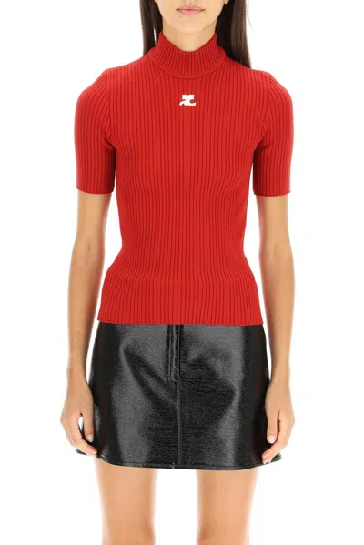 Courrèges Mock-neck Short-sleeve Rib Pullover In Brown