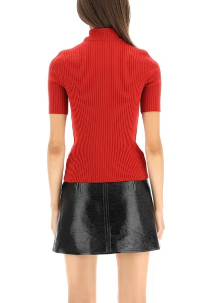 Courrèges Mock-neck Short-sleeve Rib Pullover In Brown