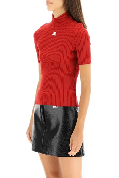 Courrèges Mock-neck Short-sleeve Rib Pullover In Brown