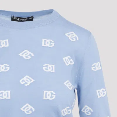 Dolce & Gabbana Light Blue Wool And Silk Jacquard Sweater In Celeste Chiaro