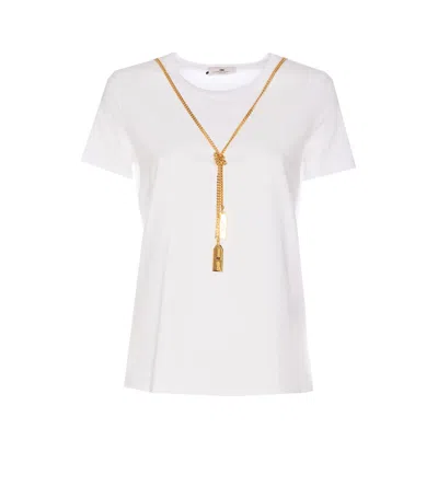 Shop Elisabetta Franchi Jersey T-shirt With Necklace In Gesso