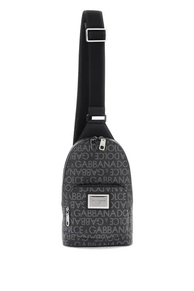 Shop Dolce & Gabbana Crossbody Beltpack With All-over Logo In Black/grey