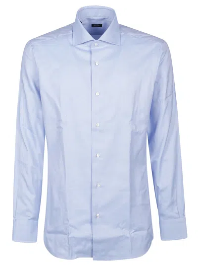 Barba Napoli Collared Shirt With Buttons And Curved Hem In Fantasia Bianco/azzurro
