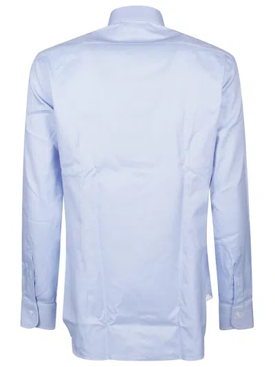 Barba Napoli Collared Shirt With Buttons And Curved Hem In Fantasia Bianco/azzurro