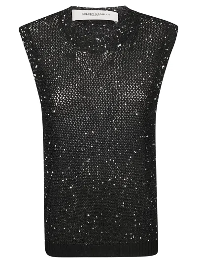 Golden Goose Sleeveless Top Round Neck Sequin Embellishments In Black