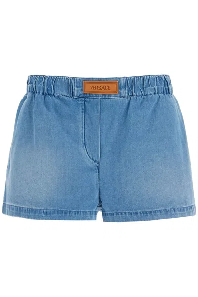 Shop Versace Lightweight Denim Shorts For Men In Medium Blue (blue)