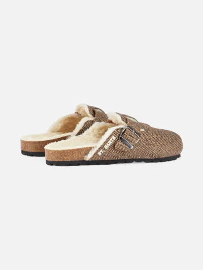 Mc2 Saint Barth Woman Sandal Furry Clogs With Herringbone Print In Brown