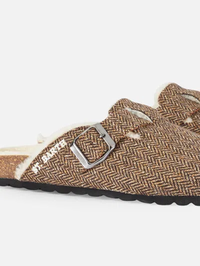 Mc2 Saint Barth Woman Sandal Furry Clogs With Herringbone Print In Brown