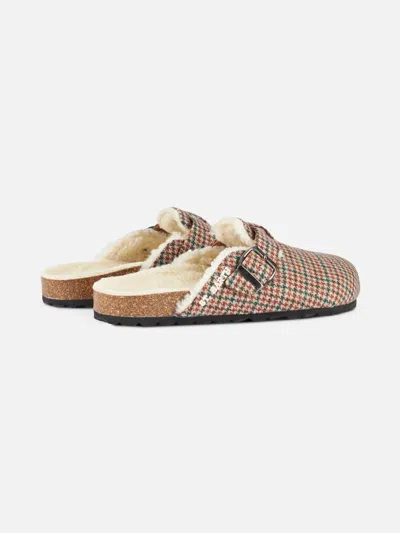 Mc2 Saint Barth Woman Furry Sandal Clogs With Pied De Poule Print In Green