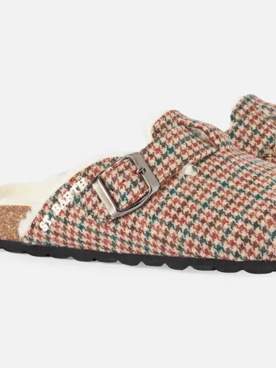 Mc2 Saint Barth Woman Furry Sandal Clogs With Pied De Poule Print In Green