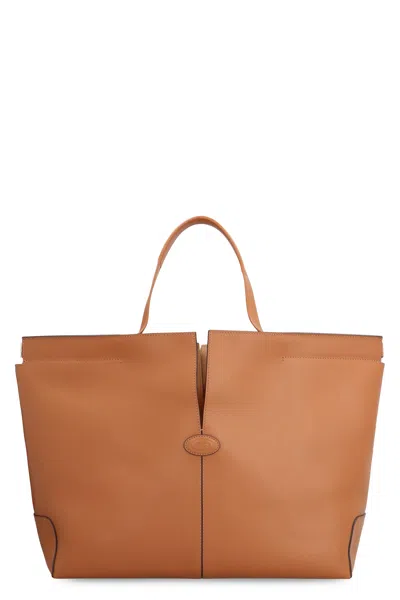 Shop Tod's Folio Leather Tote In Saddle Brown