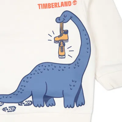 Timberland Ivory Sweatshirt For Baby Boy With Dinosaur Print In Ivory