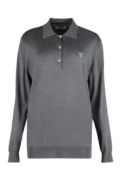 Prada Women's Long Sleeve Knit Polo Shirt In Grey