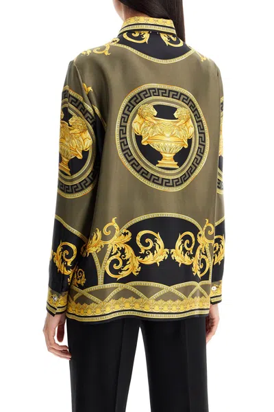 Shop Versace Silk Shirt The Cut Of The Gods In Black+dark Olive+gold (black)