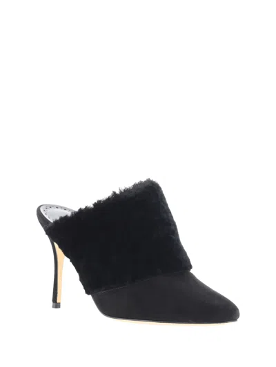 Manolo Blahnik Suede Pelos Mules With Eco-fur Detail 10cm In Black